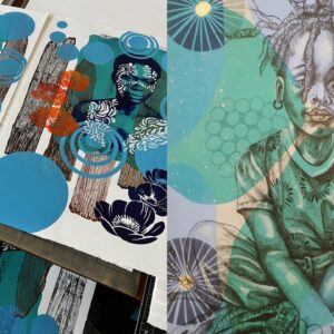 Side by side of prints in progress on the printing rack.