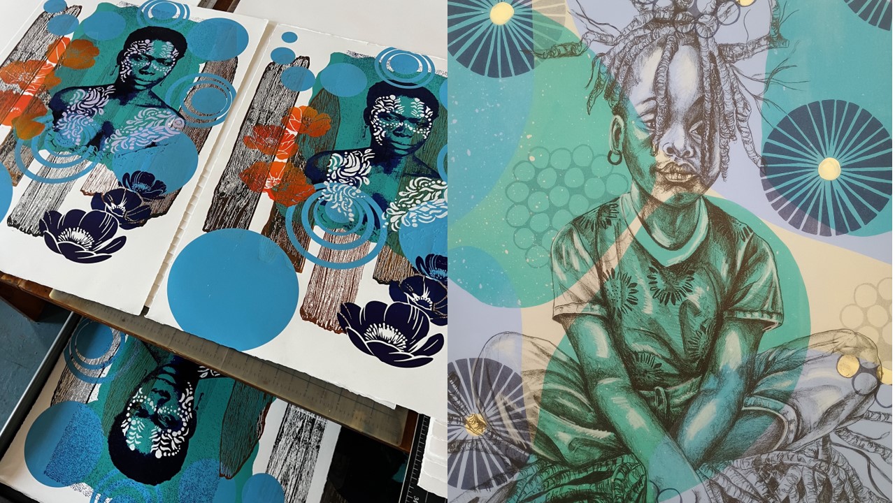 Side by side of prints in progress on the printing rack.